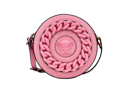 Crossbody Camera Handbag by Versace for women in pebbled leather gold & pink features an versatile silhouette, showcasing a secure zipper and versatile cardholder with versatile crossbody-strap, adjustable-strap & detachable-strap for a versatile finish.