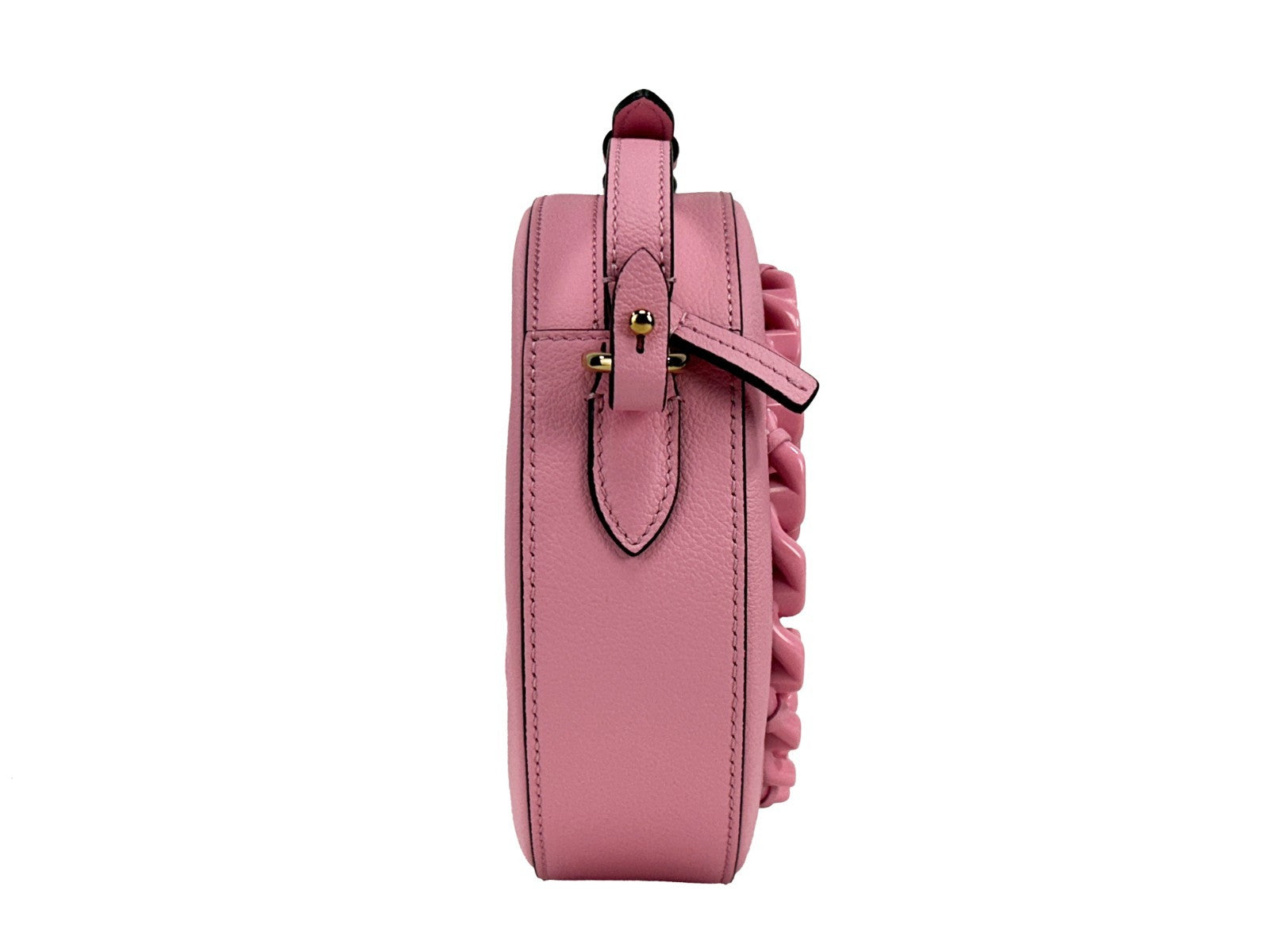 Crossbody Camera Handbag by Versace for women in pebbled leather gold & pink showcases a versatile sophistication silhouette, featuring a secure zipper, versatile sophistication cardholder, and versatile crossbody-strap, adjustable-strap & detachable-strap for a versatile sophistication finish.