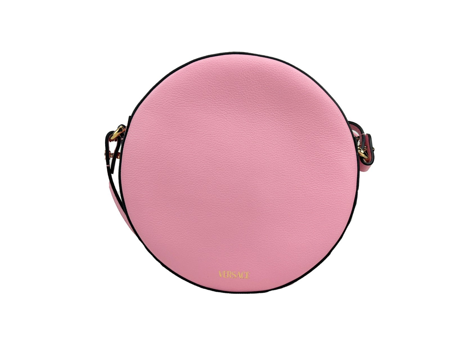 Crossbody Camera Handbag by Versace for women in pebbled leather gold & pink features a transformative elegance silhouette, showcasing a secure zipper, organized cardholder, and versatile crossbody-strap, adjustable-strap & detachable-strap for a transformative elegance look.