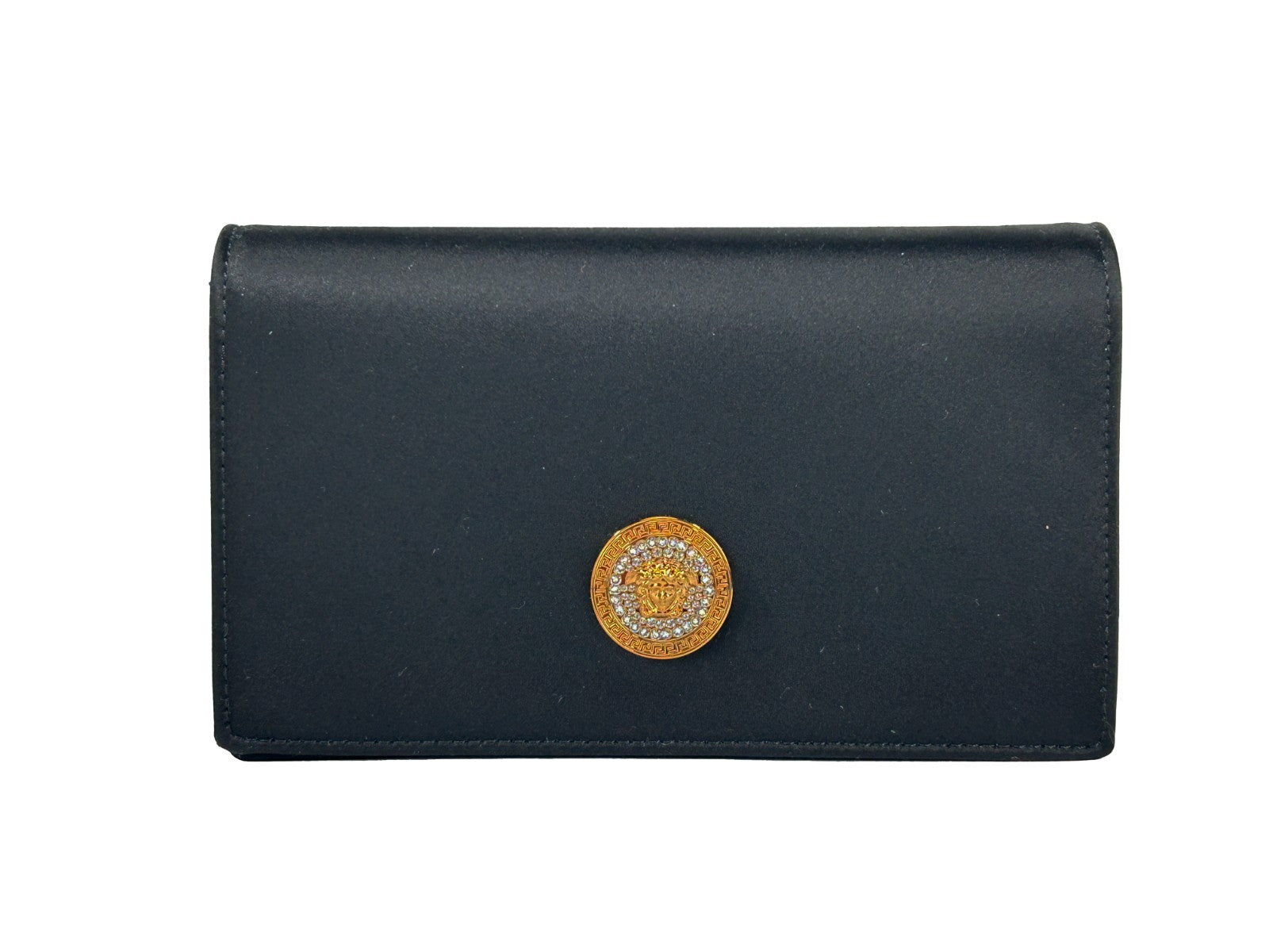 Mini Crossbody Handbag by Versace for women in leather black & gold features a transformative elegance silhouette, showcasing a secure snap & button, organized cardholder, and versatile crossbody-strap for a transformative elegance look.
