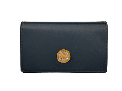Mini Crossbody Handbag by Versace for women in leather black & gold features a transformative elegance silhouette, showcasing a secure snap & button, organized cardholder, and versatile crossbody-strap for a transformative elegance look.