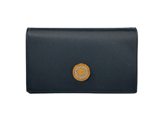 Mini Crossbody Handbag by Versace for women in leather black & gold features a transformative elegance silhouette, showcasing a secure snap & button, organized cardholder, and versatile crossbody-strap for a transformative elegance look.
