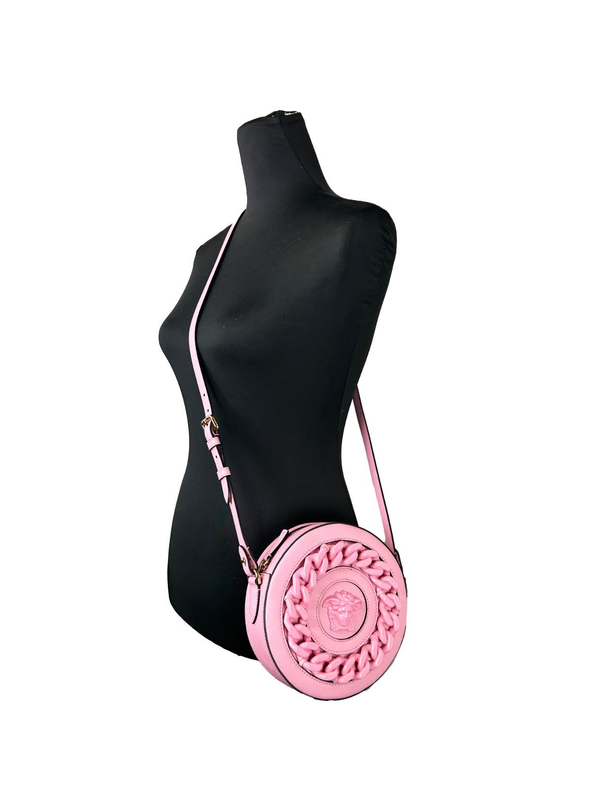 Crossbody Camera Handbag by Versace for women in pebbled leather gold & pink features a transformative sophistication silhouette, showcasing a secure zipper, ample cardholder, and versatile crossbody-strap, adjustable-strap & detachable-strap for a transformative sophistication look.