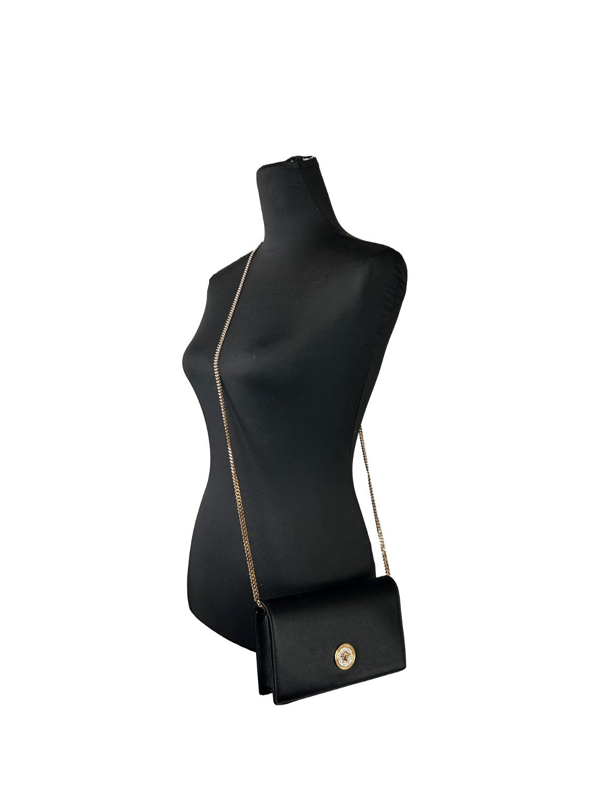 Mini Crossbody Handbag by Versace for women in leather black & gold showcases a versatile sophistication silhouette, featuring a secure snap & button, versatile sophistication cardholder, and versatile crossbody-strap for a versatile sophistication finish.