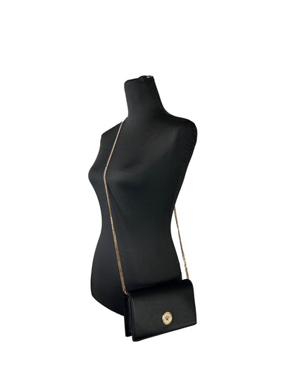 Mini Crossbody Handbag by Versace for women in leather black & gold showcases a versatile sophistication silhouette, featuring a secure snap & button, versatile sophistication cardholder, and versatile crossbody-strap for a versatile sophistication finish.