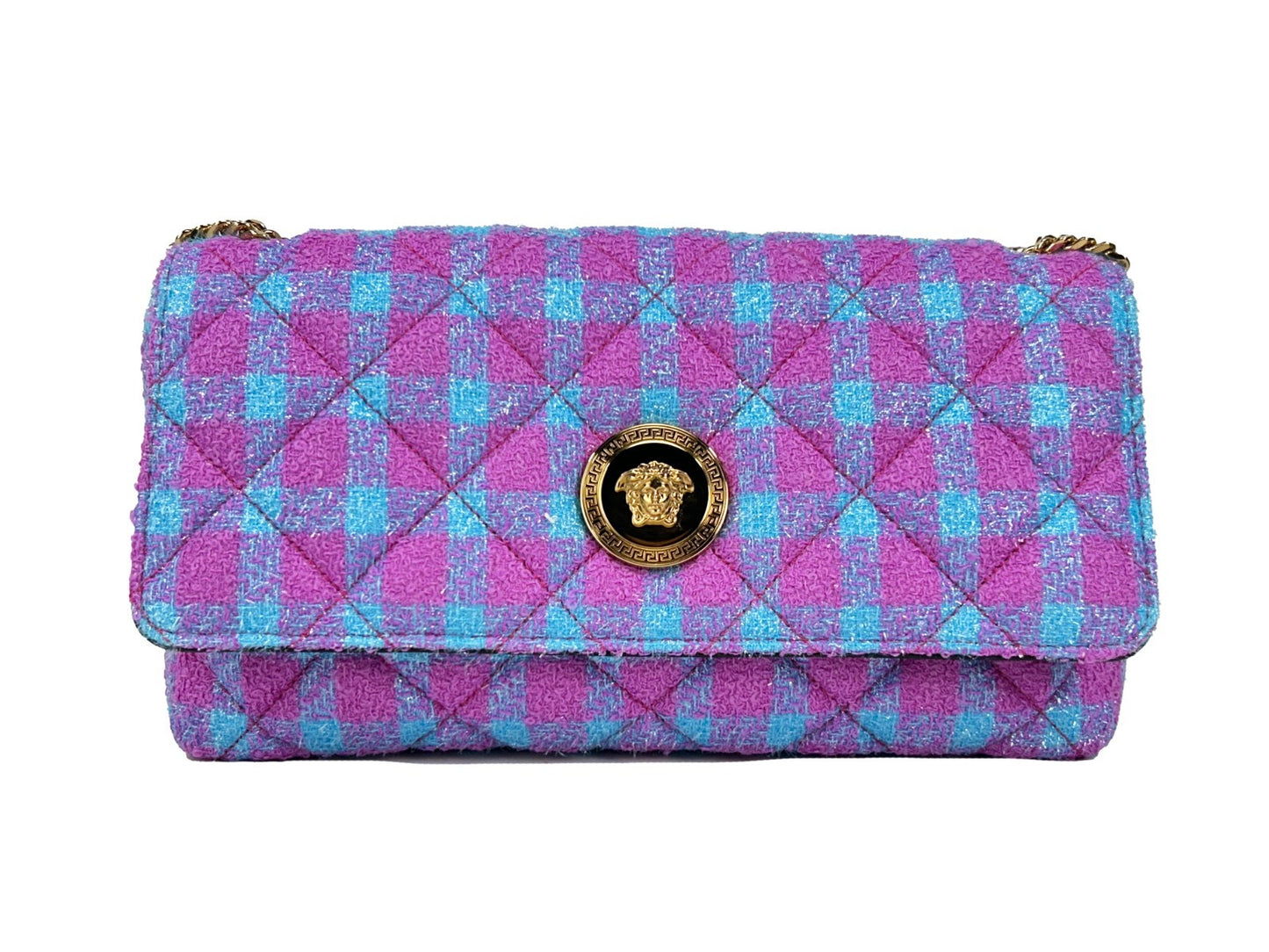 Medium 2-in-1 Shoulder & Crossbody Handbag by Versace for women in leather & lurex gold features an versatile silhouette, showcasing a secure snap & button and versatile cardholder with versatile crossbody-strap & shoulder-strap for a versatile finish.