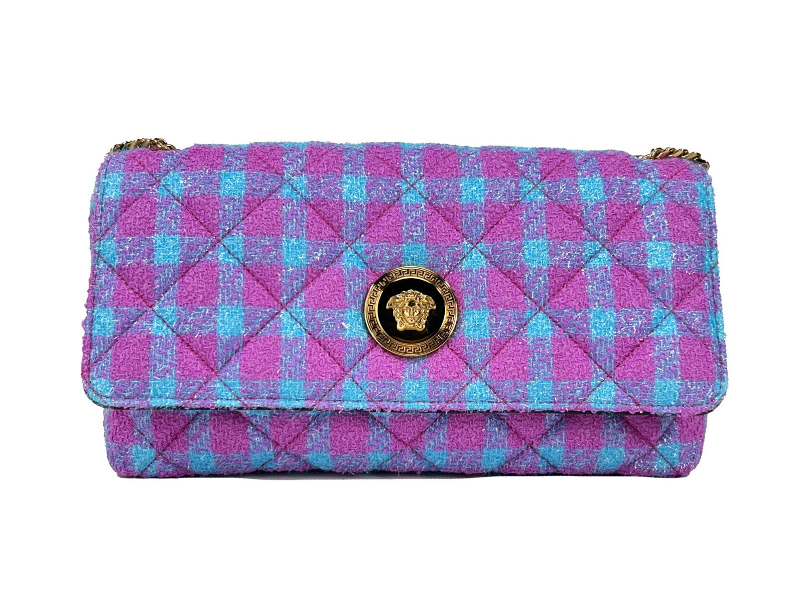 Medium 2-in-1 Shoulder & Crossbody Handbag by Versace for women in leather & lurex gold features an versatile silhouette, showcasing a secure snap & button and versatile cardholder with versatile crossbody-strap & shoulder-strap for a versatile finish.