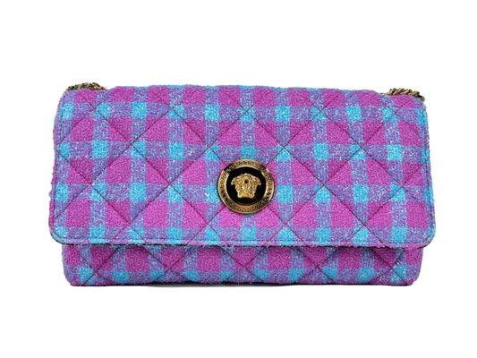 Medium 2-in-1 Shoulder & Crossbody Handbag by Versace for women in leather & lurex gold features an versatile silhouette, showcasing a secure snap & button and versatile cardholder with versatile crossbody-strap & shoulder-strap for a versatile finish.