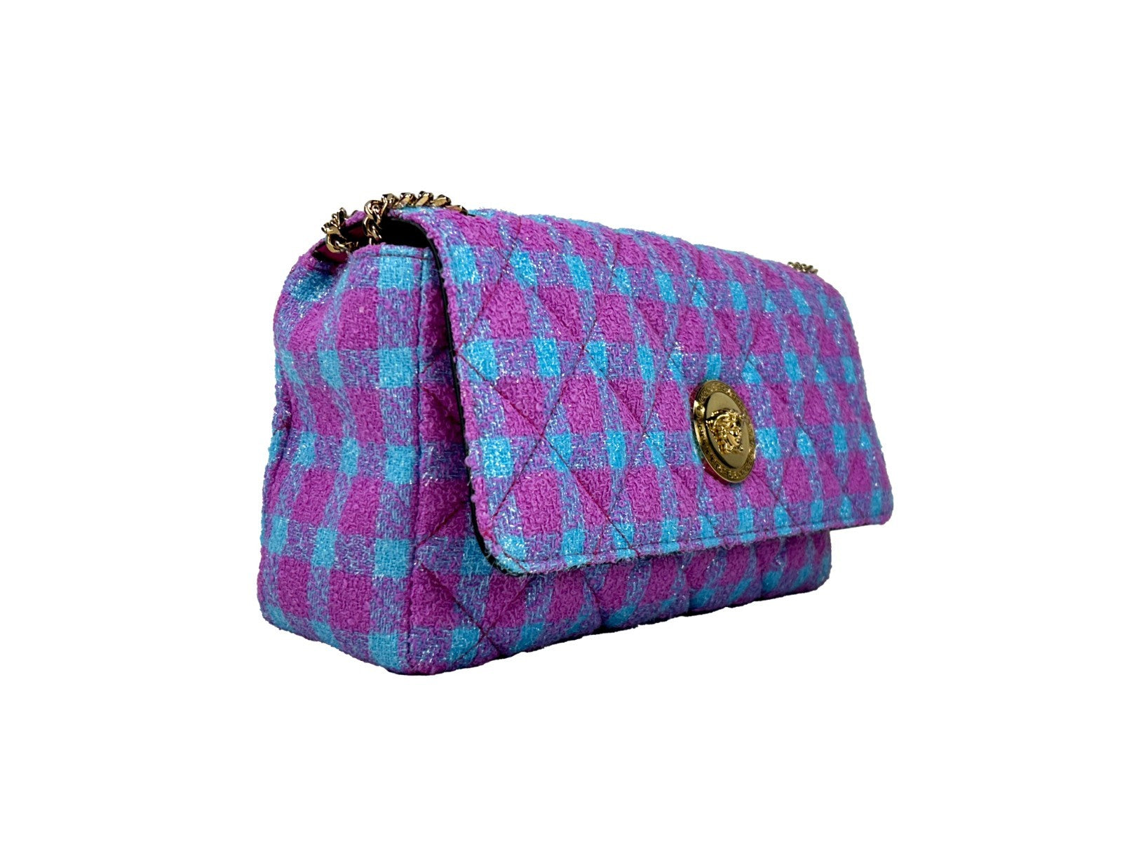 Medium 2-in-1 Shoulder & Crossbody Handbag by Versace for women in leather & lurex gold features an multi-faceted design with a secure snap & button, ample cardholder, and versatile crossbody-strap & shoulder-strap for a multi-faceted finish.