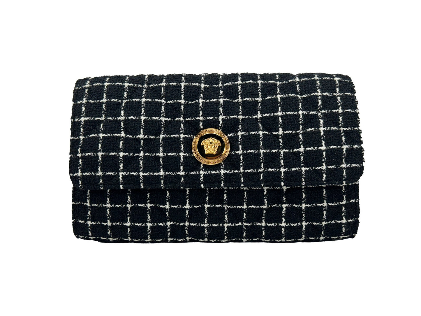 Crossbody Handbag by Versace for women in leather black & gold features a multifaceted silhouette, showcasing a secure snap & button and multifaceted cardholder with versatile crossbody-strap for multifaceted style.