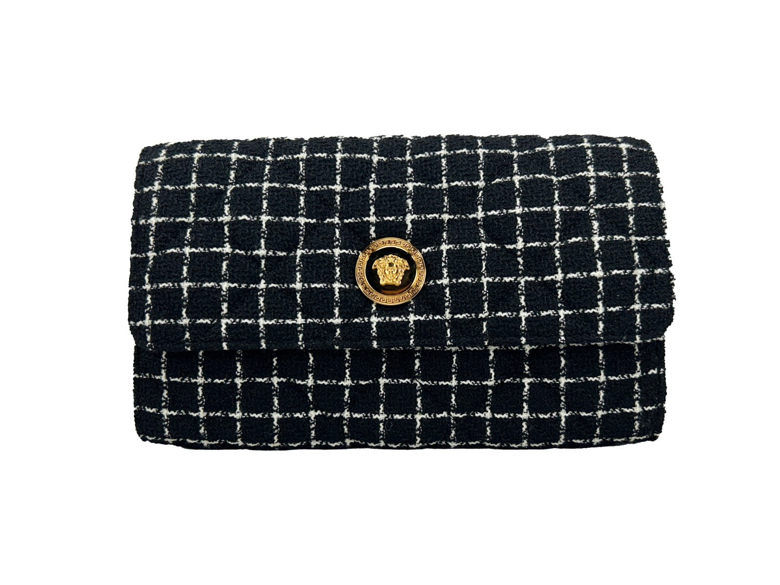 Crossbody Handbag by Versace for women in leather black & gold features a multifaceted silhouette, showcasing a secure snap & button and multifaceted cardholder with versatile crossbody-strap for multifaceted style.