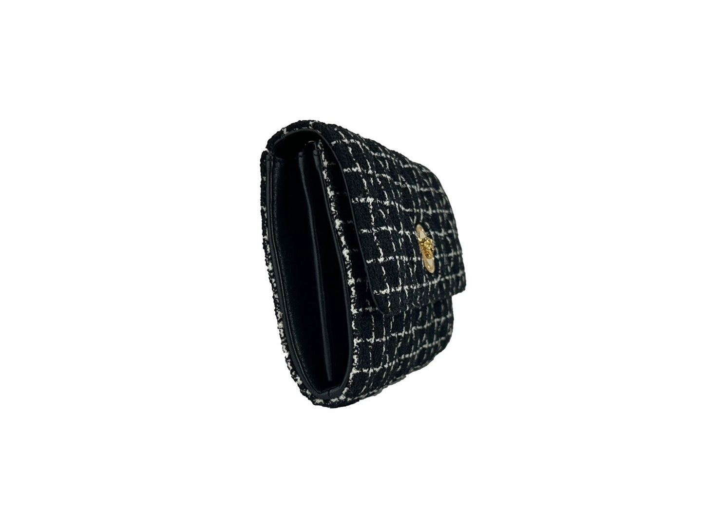 Crossbody Handbag by Versace for women in leather black & gold features a versatile chic silhouette, meticulously detailed with a secure snap & button, ample cardholder, and versatile crossbody-strap.