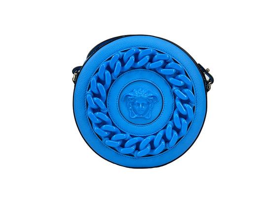 Crossbody Camera Handbag by Versace for women in pebbled leather blue & gold features a transformative sophistication silhouette, showcasing a secure zipper, ample cardholder, and versatile crossbody-strap, adjustable-strap & detachable-strap for a transformative sophistication look.