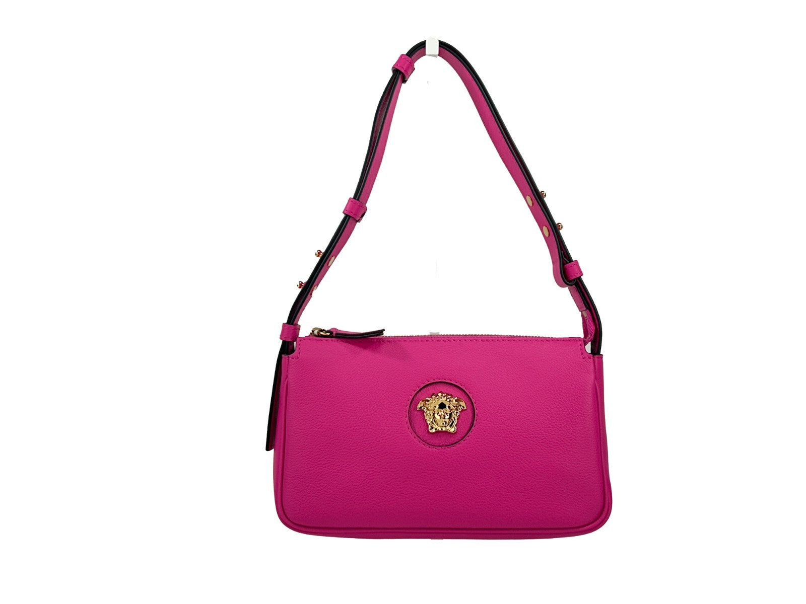Shoulder Bag by Versace for women in leather gold & pink features a statuesque silhouette, showcasing a secure zipper and statuesque cardholder with versatile shoulder-strap for a statuesque finish.