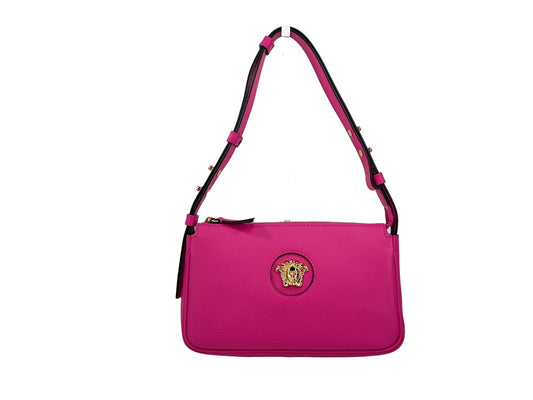 Shoulder Bag by Versace for women in leather gold & pink features a statuesque silhouette, showcasing a secure zipper and statuesque cardholder with versatile shoulder-strap for a statuesque finish.