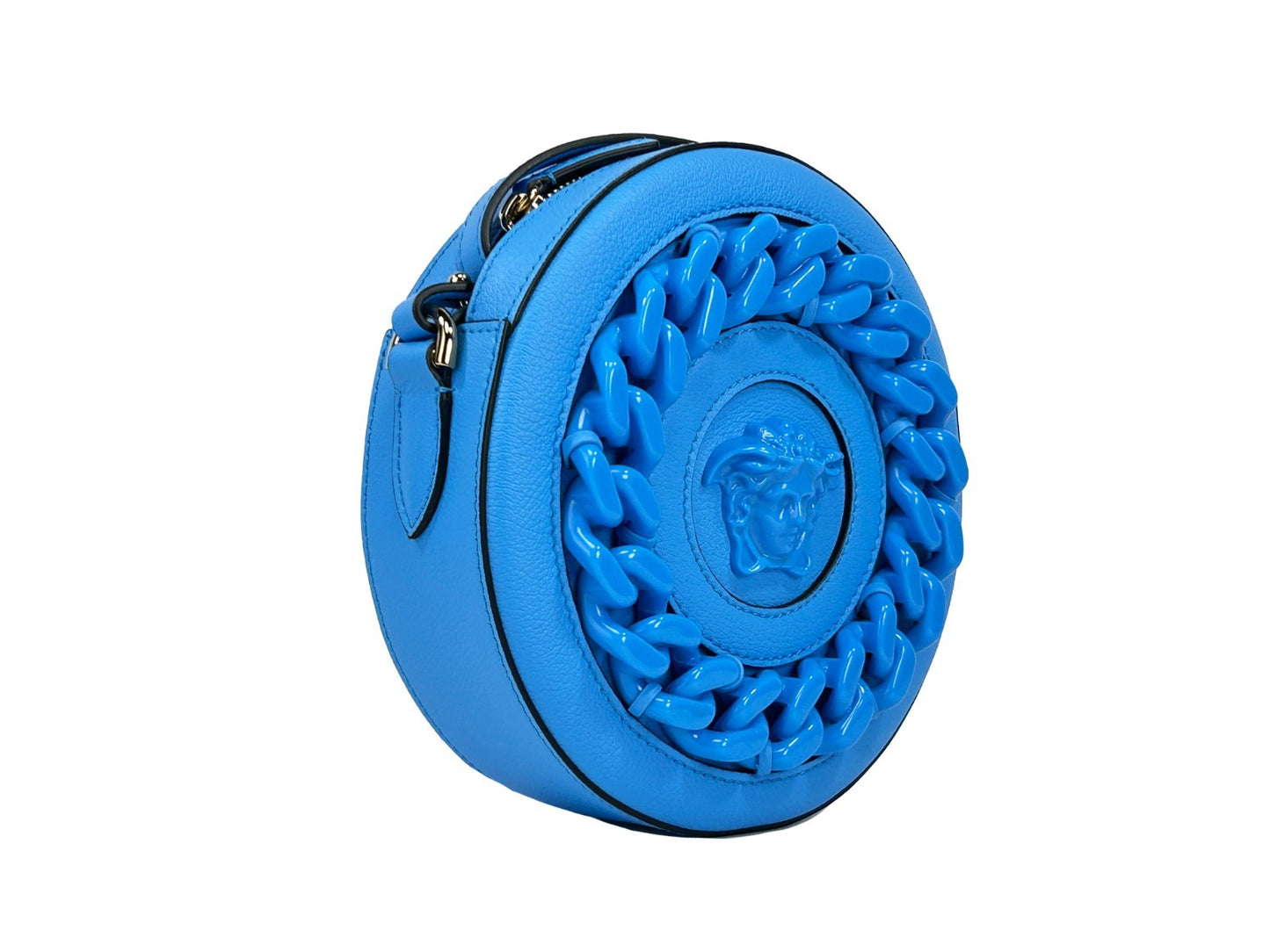 Crossbody Camera Handbag by Versace for women in pebbled leather blue & gold showcases a versatile sophistication silhouette, featuring a secure zipper, versatile sophistication cardholder, and versatile crossbody-strap, adjustable-strap & detachable-strap for a versatile sophistication finish.