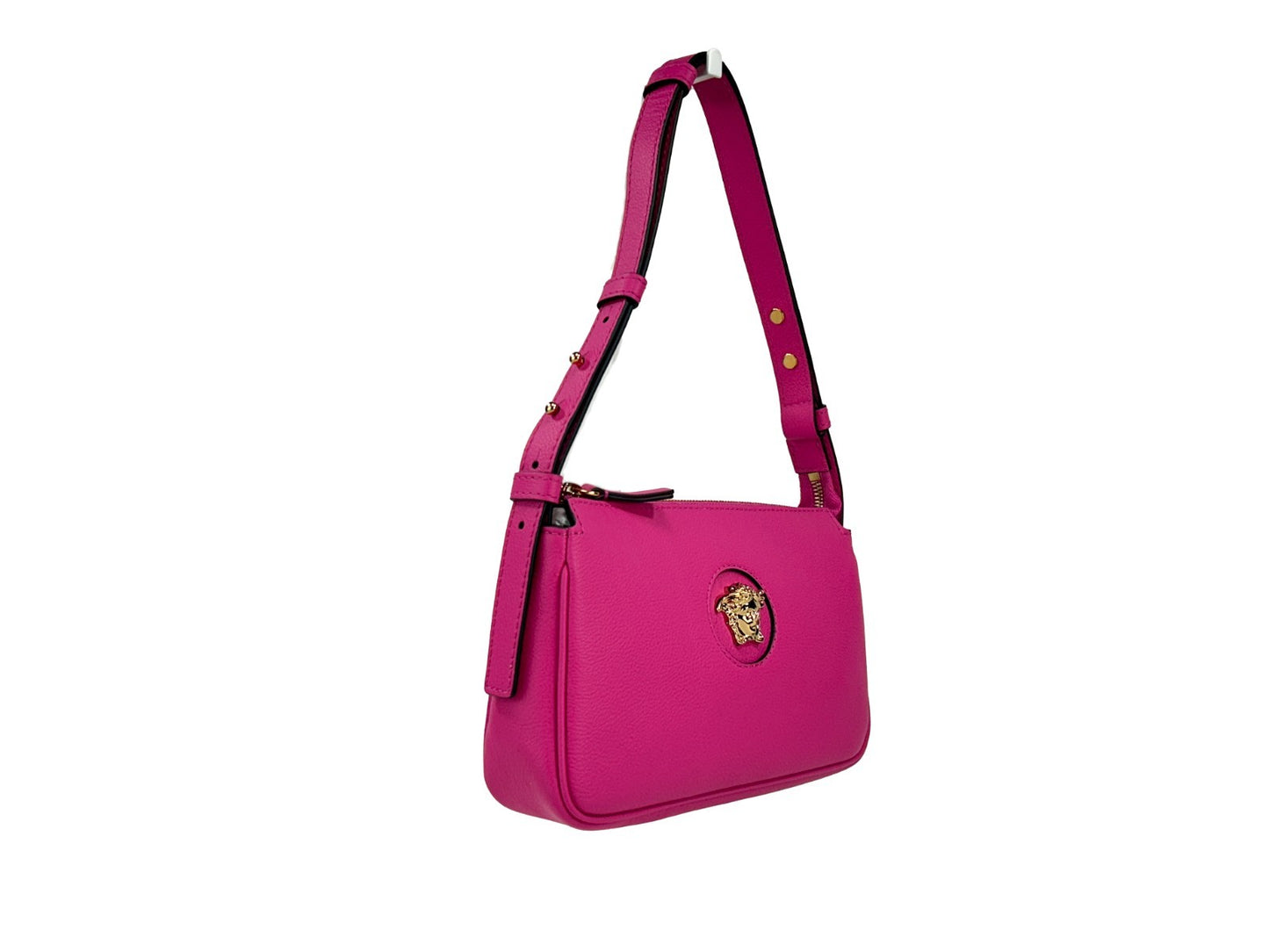 Shoulder Bag by Versace for women in leather gold & pink features a stately silhouette, showcasing a secure zipper, ample cardholder, and stately shoulder-strap for a stately finish.