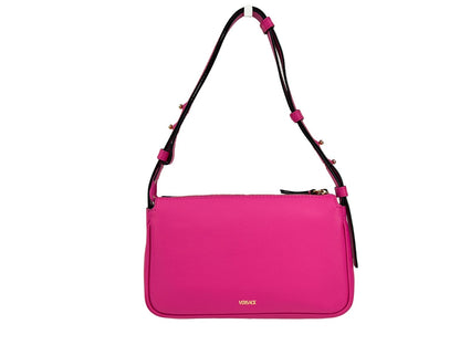 Shoulder Bag by Versace for women in leather gold & pink presents a statuesque silhouette, showcasing a secure zipper and statuesque cardholder with versatile shoulder-strap for a sophisticated look.