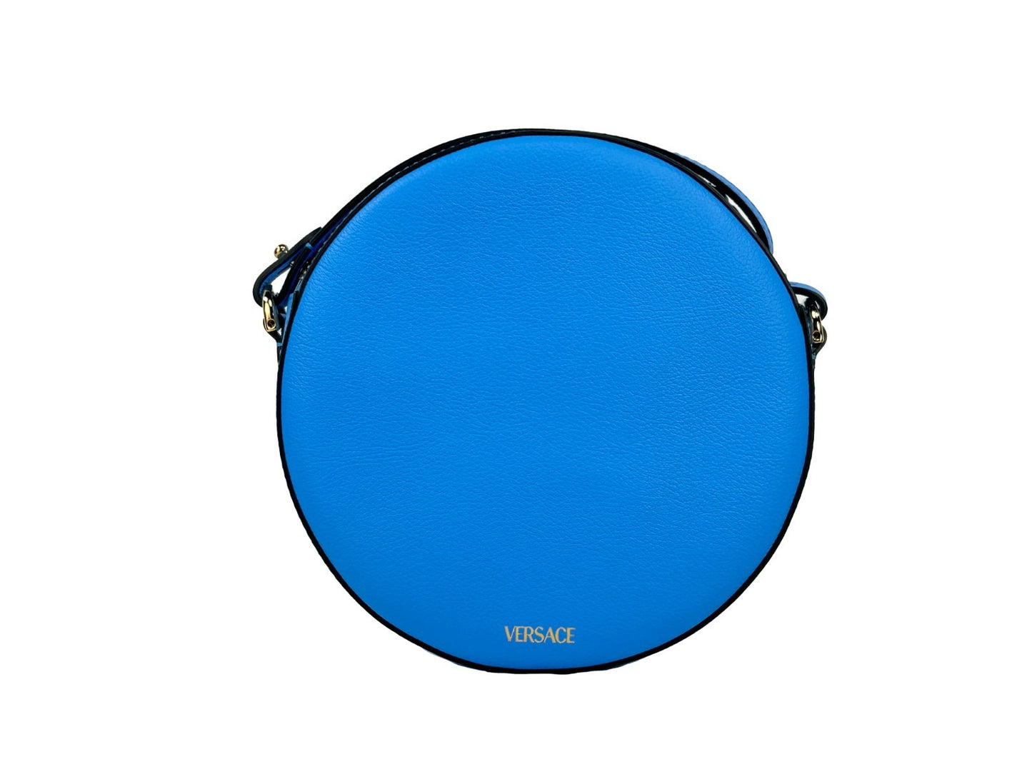 Crossbody Camera Handbag by Versace for women in pebbled leather blue & gold features an multi-faceted design with a secure zipper, ample cardholder, and versatile crossbody-strap, adjustable-strap & detachable-strap for a multi-faceted finish.