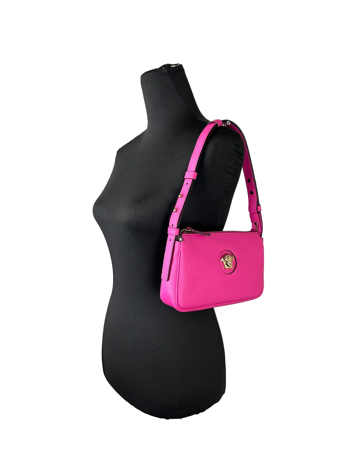 Shoulder Bag by Versace for women in leather gold & pink features a statuesque silhouette, showcasing a secure zipper and statuesque cardholder with versatile shoulder-strap for a statuesque finish.