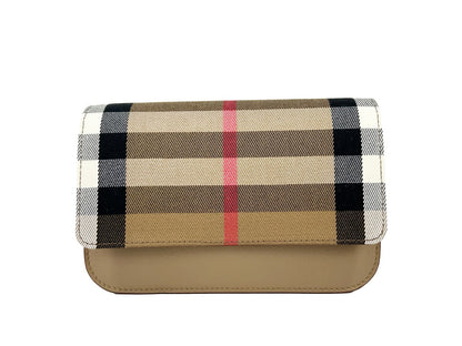 Small Crossbody Handbag by Burberry for women in canvas beige & gold features a transformative elegance silhouette, showcasing a secure , organized , and versatile crossbody-strap & adjustable-strap for a transformative elegance look.