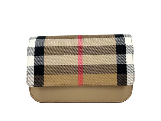 Small Crossbody Handbag by Burberry for women in canvas beige & gold features a transformative elegance silhouette, showcasing a secure , organized , and versatile crossbody-strap & adjustable-strap for a transformative elegance look.