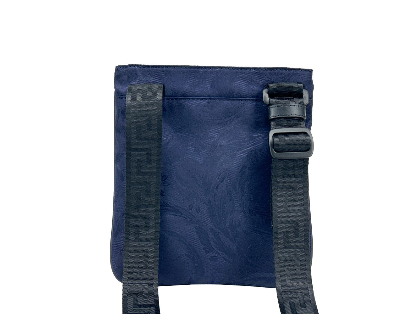 Crossbody Handbag by Versace for women in calfskin leather & nylon navy & silver features a multifaceted silhouette, showcasing a secure and multifaceted with versatile crossbody-strap & adjustable-strap for multifaceted style.