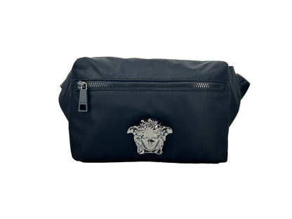 Small Crossbody Fanny Pack Belt Bag by Versace for women in nylon black & silver presents a jet-setting Medusa Nylon Small Crossbody Fanny Pack Belt Bag design with a secure zipper, ample , and versatile crossbody-strap, adjustable-strap & belt-strap for a jet-setting finish.