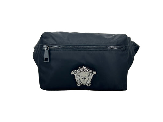 Small Crossbody Fanny Pack Belt Bag by Versace for women in nylon black & silver presents a jet-setting Medusa Nylon Small Crossbody Fanny Pack Belt Bag design with a secure zipper, ample , and versatile crossbody-strap, adjustable-strap & belt-strap for a jet-setting finish.