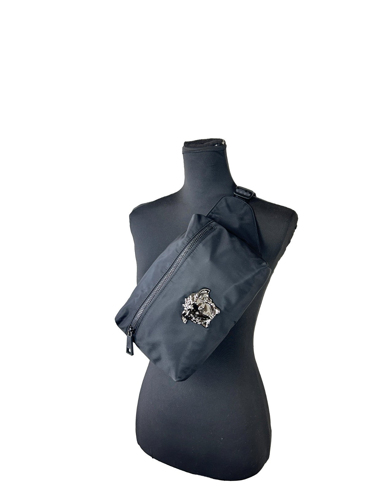 Small Crossbody Fanny Pack Belt Bag by Versace for women in nylon black & silver features an jet-set ready Medusa Nylon Small Crossbody Fanny Pack Belt Bag design with a secure zipper, jet-set ready , and versatile crossbody-strap, adjustable-strap & belt-strap for a sophisticated look.