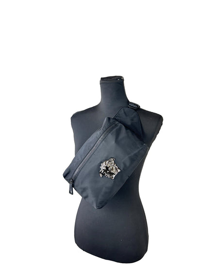 Small Crossbody Fanny Pack Belt Bag by Versace for women in nylon black & silver features an jet-set ready Medusa Nylon Small Crossbody Fanny Pack Belt Bag design with a secure zipper, jet-set ready , and versatile crossbody-strap, adjustable-strap & belt-strap for a sophisticated look.