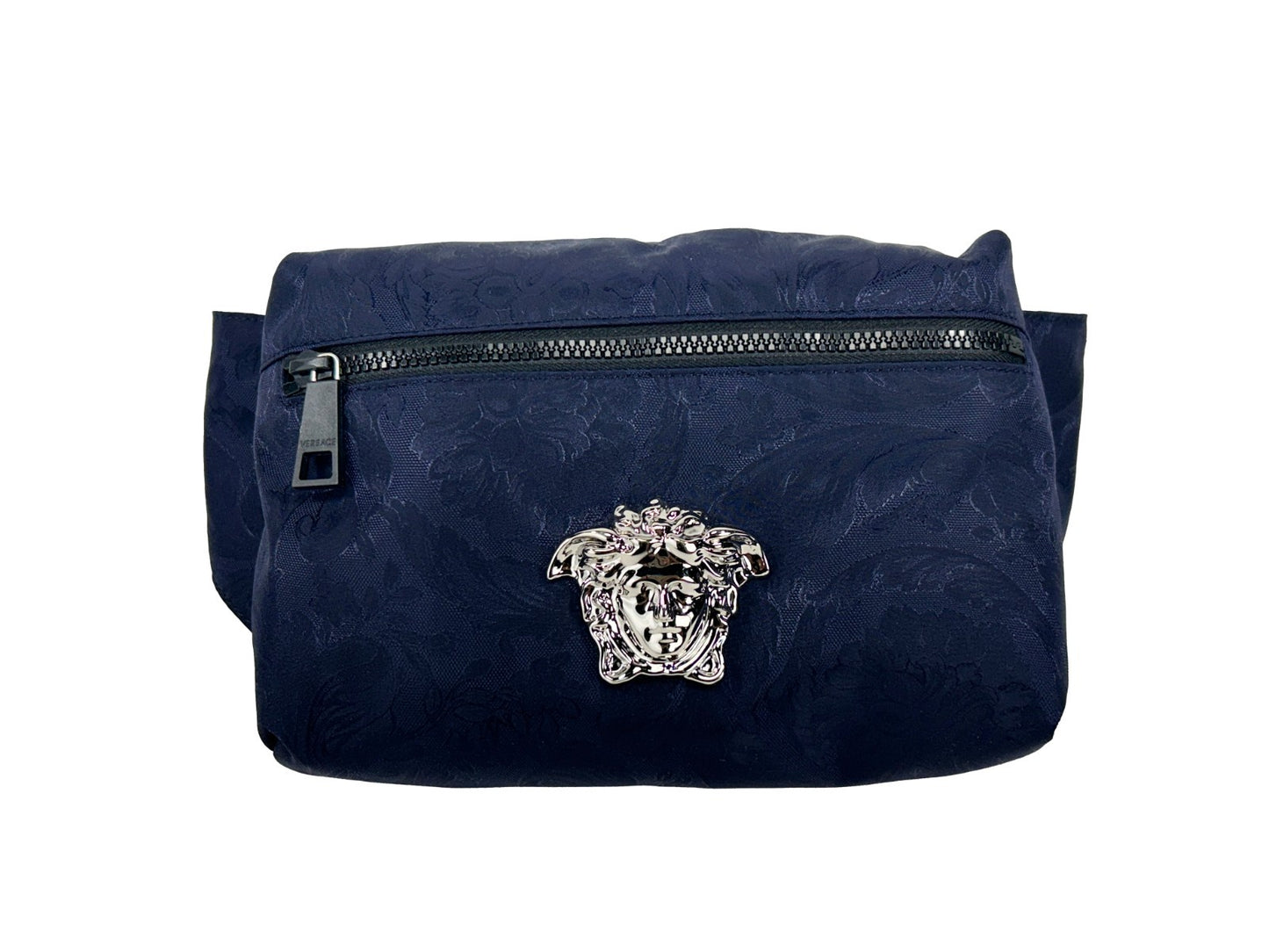 Fanny Pack Belt Bag by Versace for women in nylon navy, silver & patterned features a jet-setting Medusa Nylon Fanny Pack Belt Bag design, showcasing a secure zipper with ample and versatile adjustable-strap & belt-strap for a jet-setting finish.