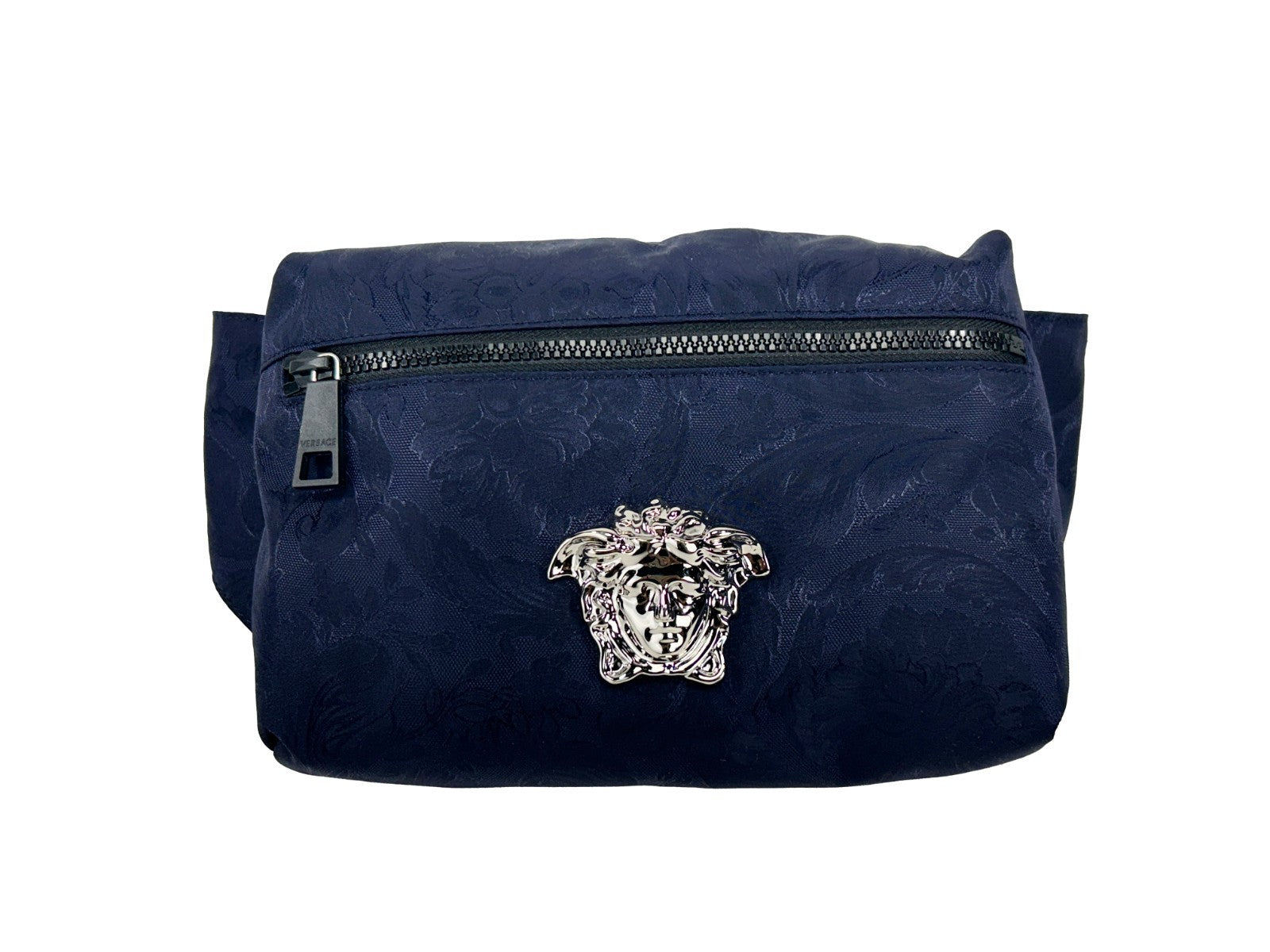 Fanny Pack Belt Bag by Versace for women in nylon navy, silver & patterned features a jet-setting Medusa Nylon Fanny Pack Belt Bag design, showcasing a secure zipper with ample and versatile adjustable-strap & belt-strap for a jet-setting finish.