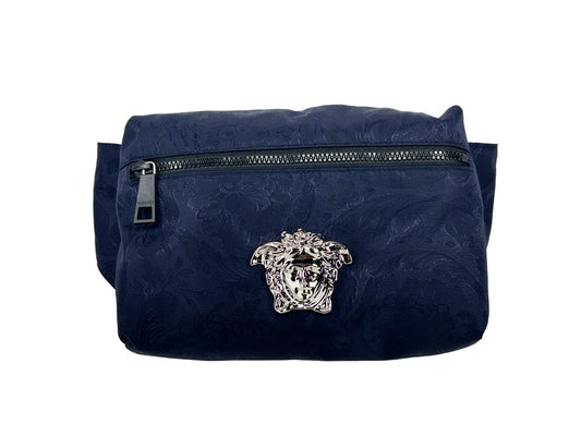 Fanny Pack Belt Bag by Versace for women in nylon navy, silver & patterned features a jet-setting Medusa Nylon Fanny Pack Belt Bag design, showcasing a secure zipper with ample and versatile adjustable-strap & belt-strap for a jet-setting finish.