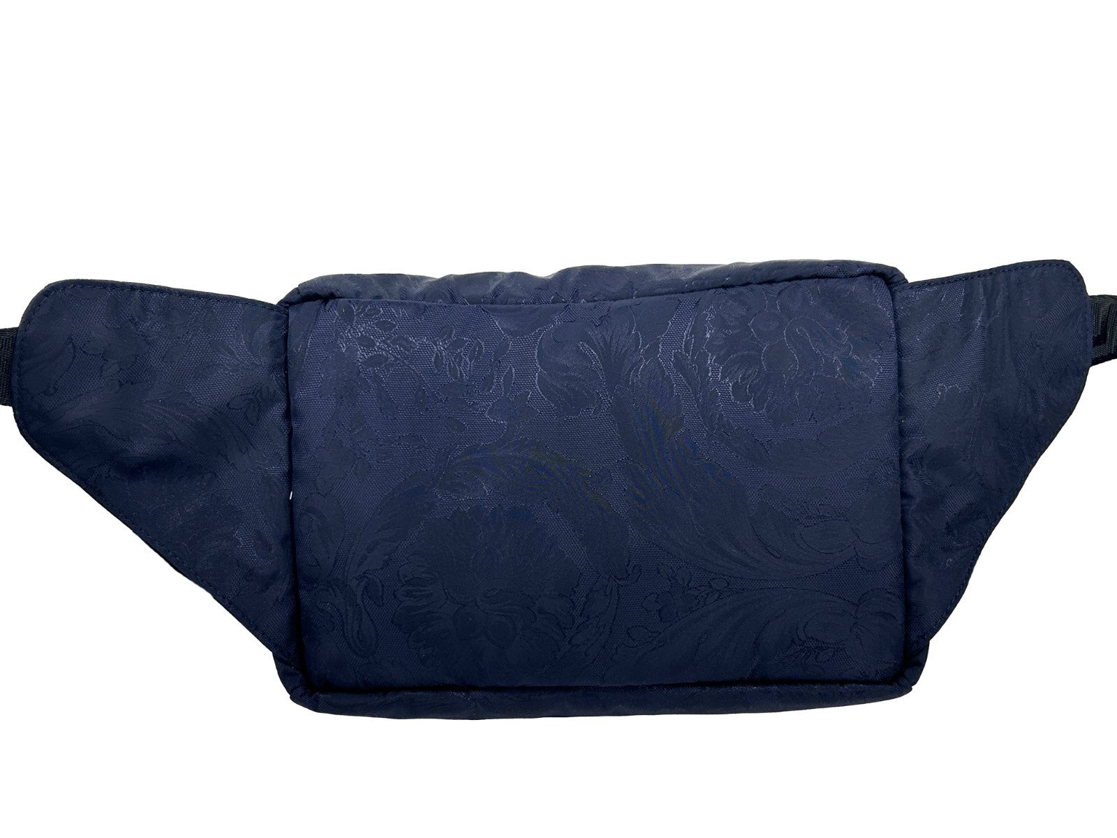 Fanny Pack Belt Bag by Versace for women in nylon navy, silver & patterned features an globetrotter chic Medusa Nylon Fanny Pack Belt Bag design with a secure zipper, ample , and versatile adjustable-strap & belt-strap for a globetrotter chic look.