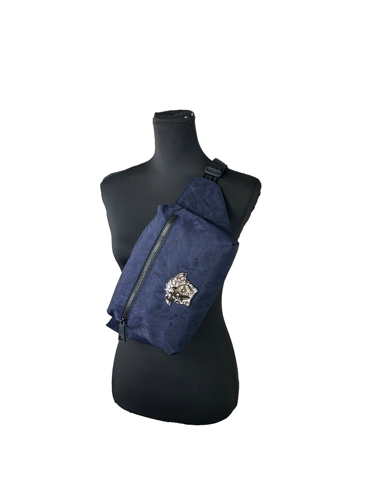 Fanny Pack Belt Bag by Versace for women in nylon navy, silver & patterned presents a unrivaled Medusa Nylon Fanny Pack Belt Bag design, featuring a secure zipper, ample , and versatile adjustable-strap & belt-strap for a unrivaled finish.
