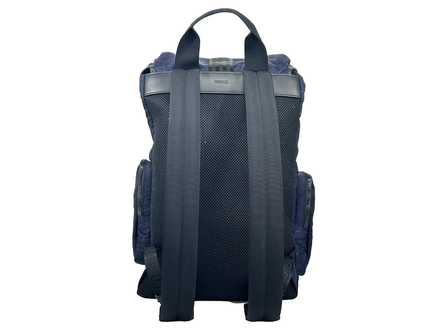 Drawstring Flap Backpack by Versace for women in nylon navy & silver features a stately Medusa Nylon Drawstring Flap Backpack design, showcasing a secure flap, drawstring & buckle, ample , and versatile handle, backpack-strap & adjustable-strap for a stately finish.