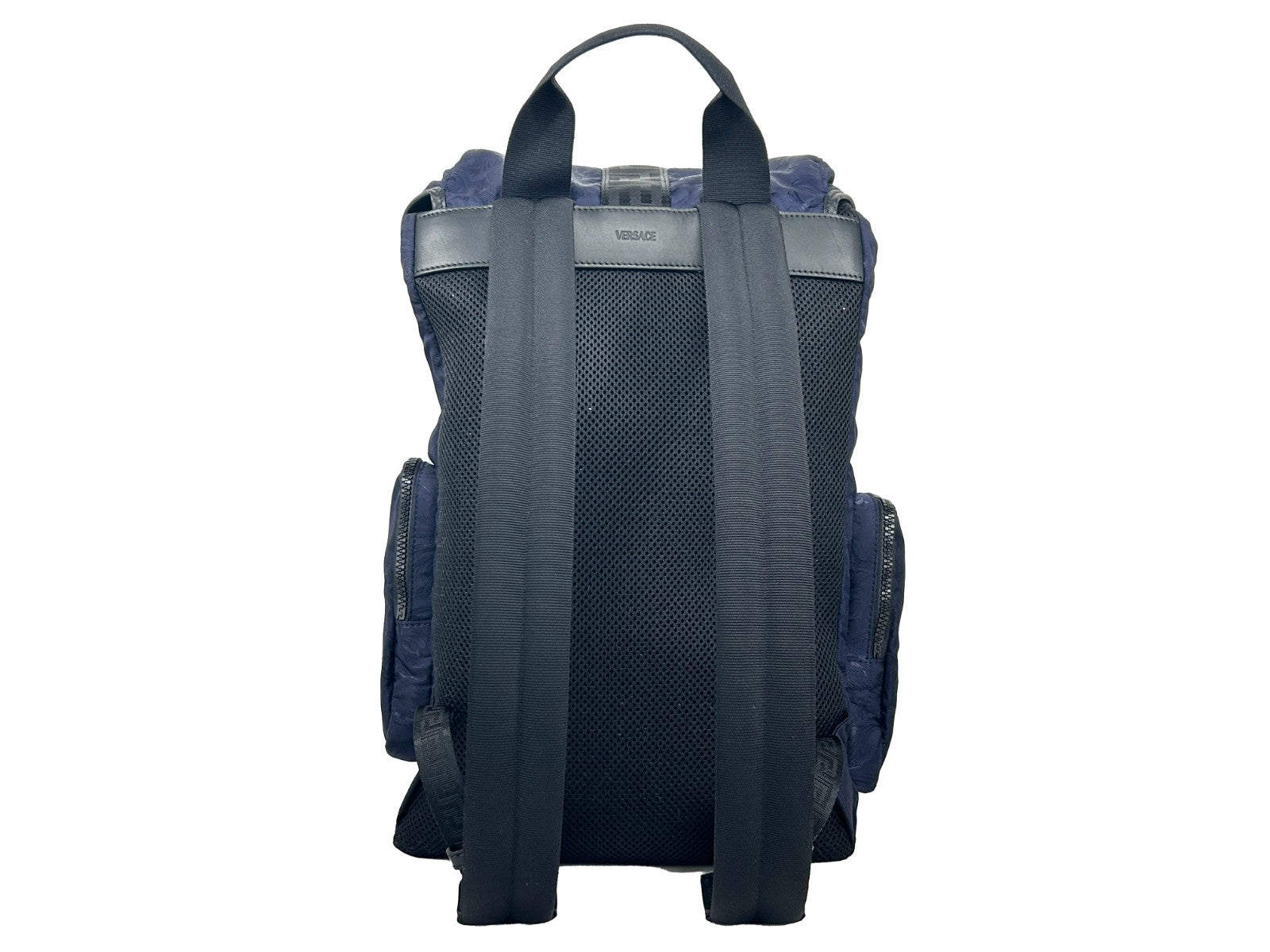 Drawstring Flap Backpack by Versace for women in nylon navy & silver features a stately Medusa Nylon Drawstring Flap Backpack design, showcasing a secure flap, drawstring & buckle, ample , and versatile handle, backpack-strap & adjustable-strap for a stately finish.