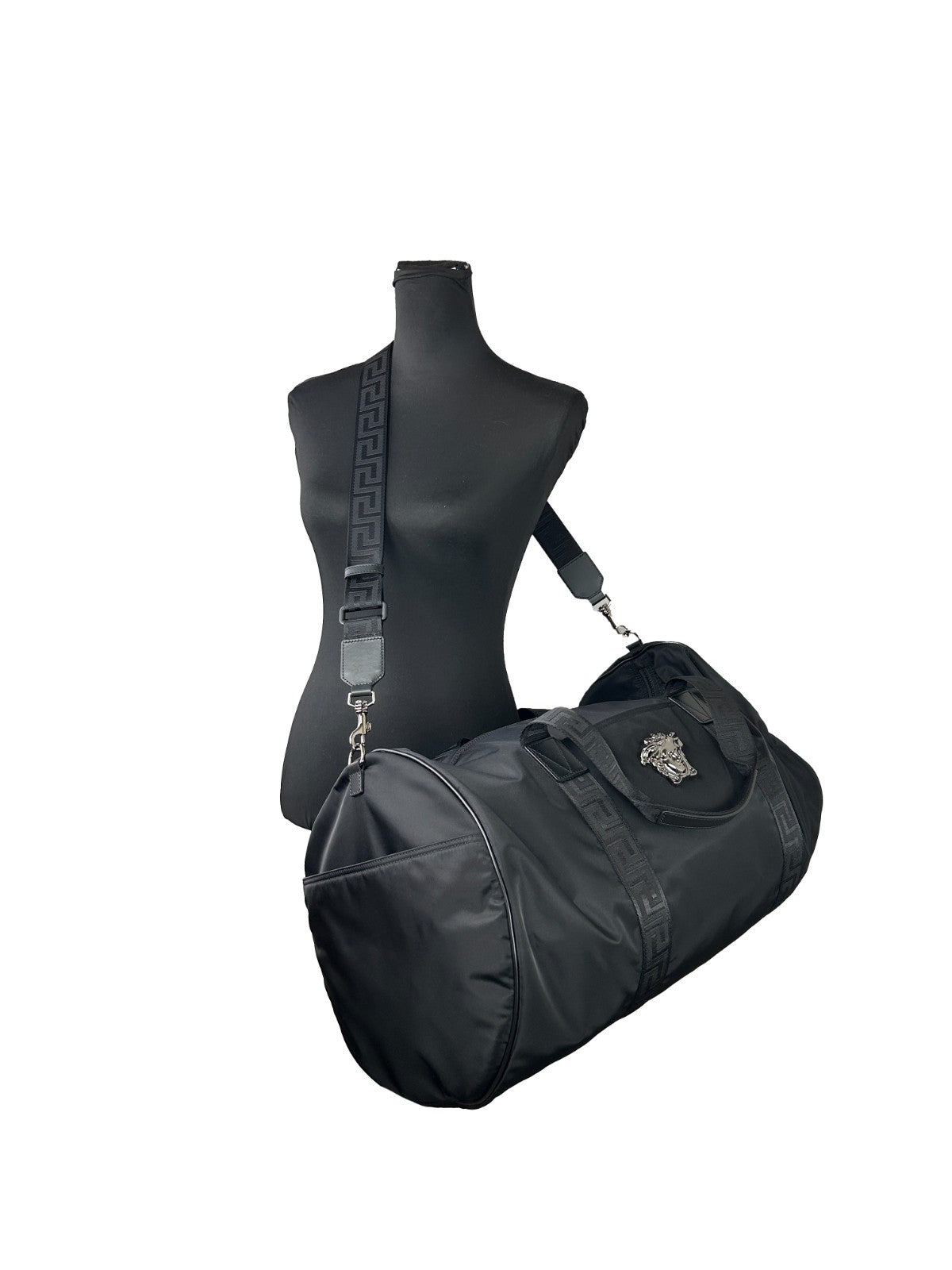 Large Duffel Bag by Versace for women in nylon black & silver features an refined Medusa Nylon Large Duffel Bag design with a secure zipper, refined , and versatile for a refined finish.
