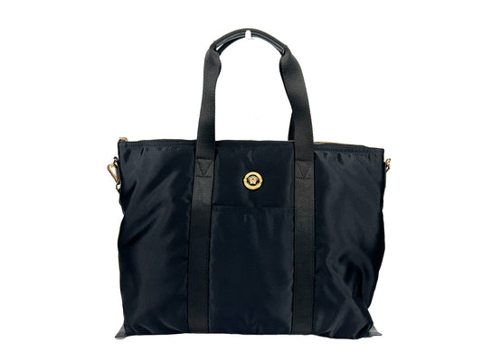 Tote Shoulder Bag by Versace for women in nylon fabric black & gold features a effortless chic silhouette with a secure zipper, ample coin-purse, and versatile for a effortless chic finish.
