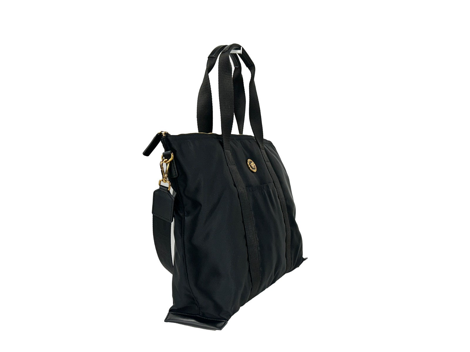 Tote Shoulder Bag by Versace for women in nylon fabric black & gold features a stately silhouette, showcasing a secure zipper, ample coin-purse, and stately for a stately finish.