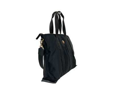 Tote Shoulder Bag by Versace for women in nylon fabric black & gold features a stately silhouette, showcasing a secure zipper, ample coin-purse, and stately for a stately finish.
