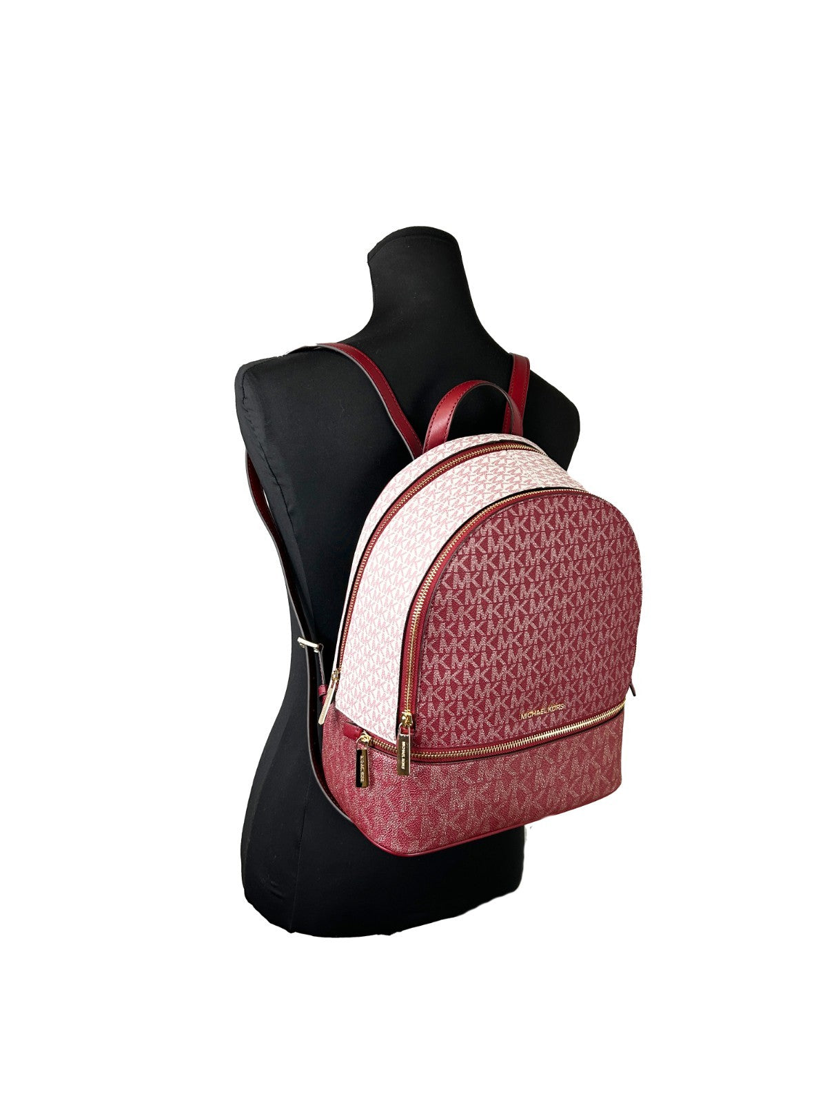 Medium Backpack Handbag by Michael Kors for women in synthetic polyurethane leather cherry & gold presents a ornamental silhouette, showcasing a secure zipper, ample built-in-compartments, and versatile handle, backpack-strap & adjustable-strap for a ornamental finish.