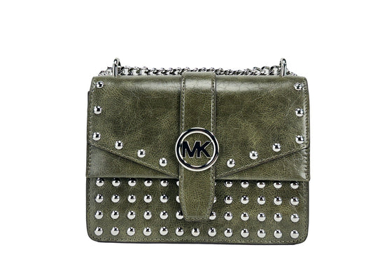 Small Crossbody Flap Handbag by Michael Kors for women in leather green, olive & silver features a transformative elegance silhouette, showcasing a secure flap & magnetic, organized , and versatile crossbody-strap for a transformative elegance look.