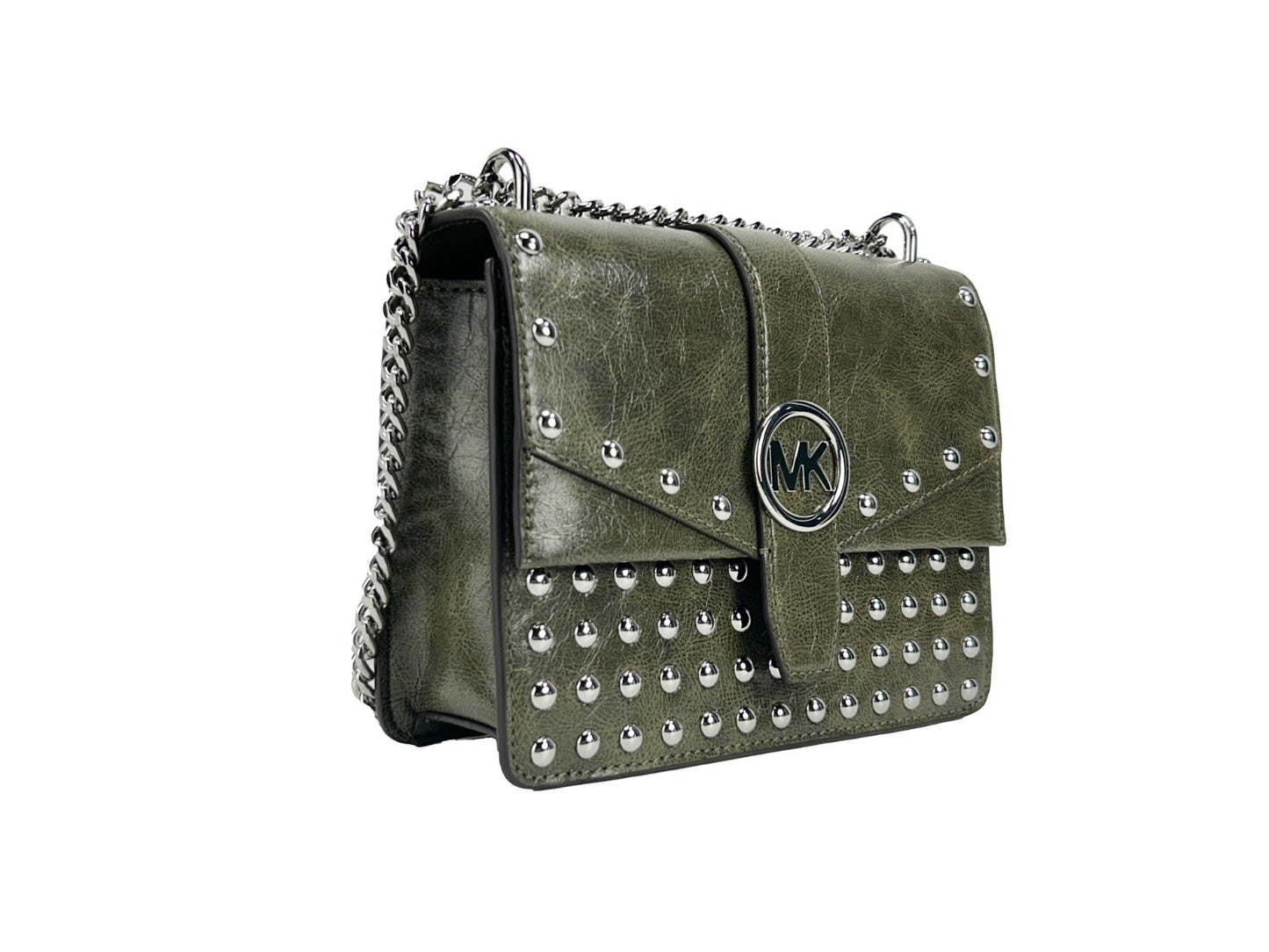 Small Crossbody Flap Handbag by Michael Kors for women in leather green, olive & silver features a versatile chic silhouette, meticulously detailed with a secure flap & magnetic, ample , and versatile crossbody-strap.