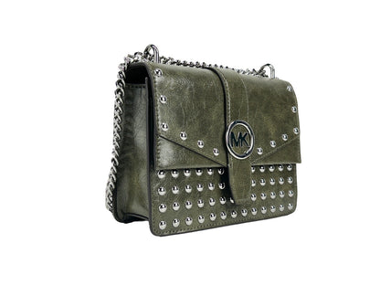 Small Crossbody Flap Handbag by Michael Kors for women in leather green, olive & silver features a versatile chic silhouette, meticulously detailed with a secure flap & magnetic, ample , and versatile crossbody-strap.