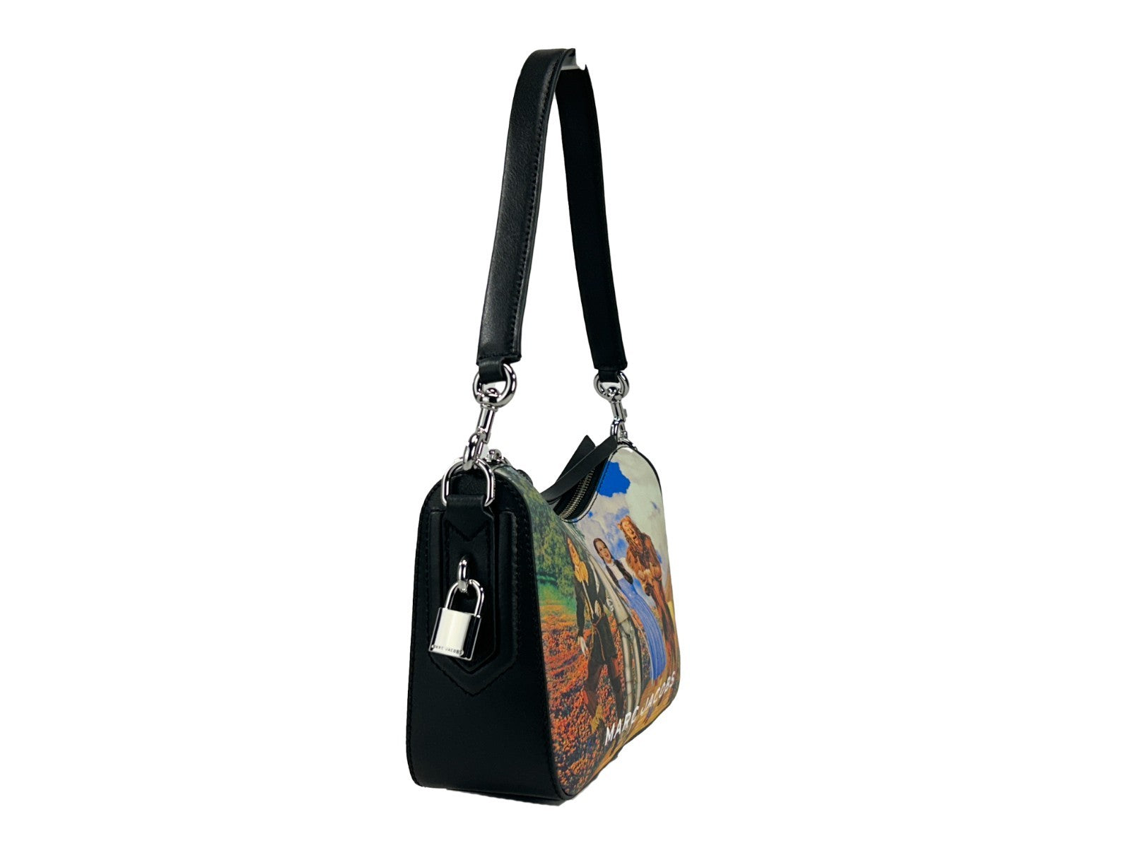 Small Crossbody Handbag by Marc Jacobs for women in leather black, gold & print features a multifaceted silhouette, showcasing a secure zipper and multifaceted with versatile crossbody-strap & detachable-strap for multifaceted style.