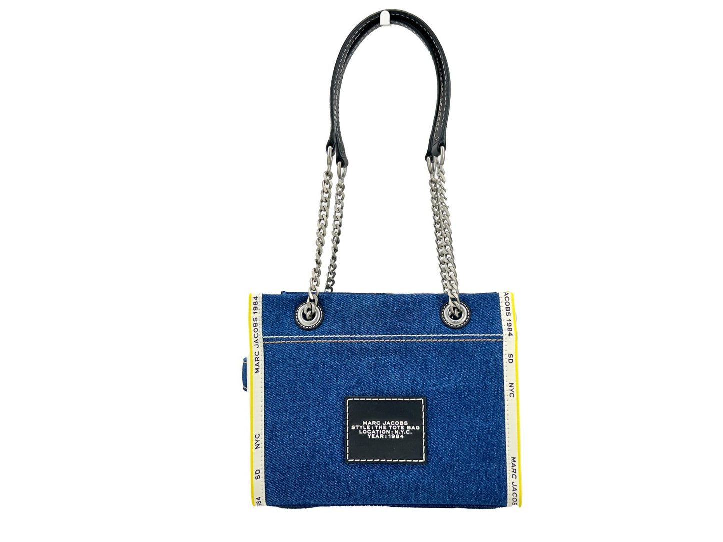 Tote Bag by Marc Jacobs for women in stretch denim & viscose silver features an jet-set-ready silhouette, showcasing the The Tote Stretch Denim & Viscose Bag design with a secure zipper, ample , and versatile .