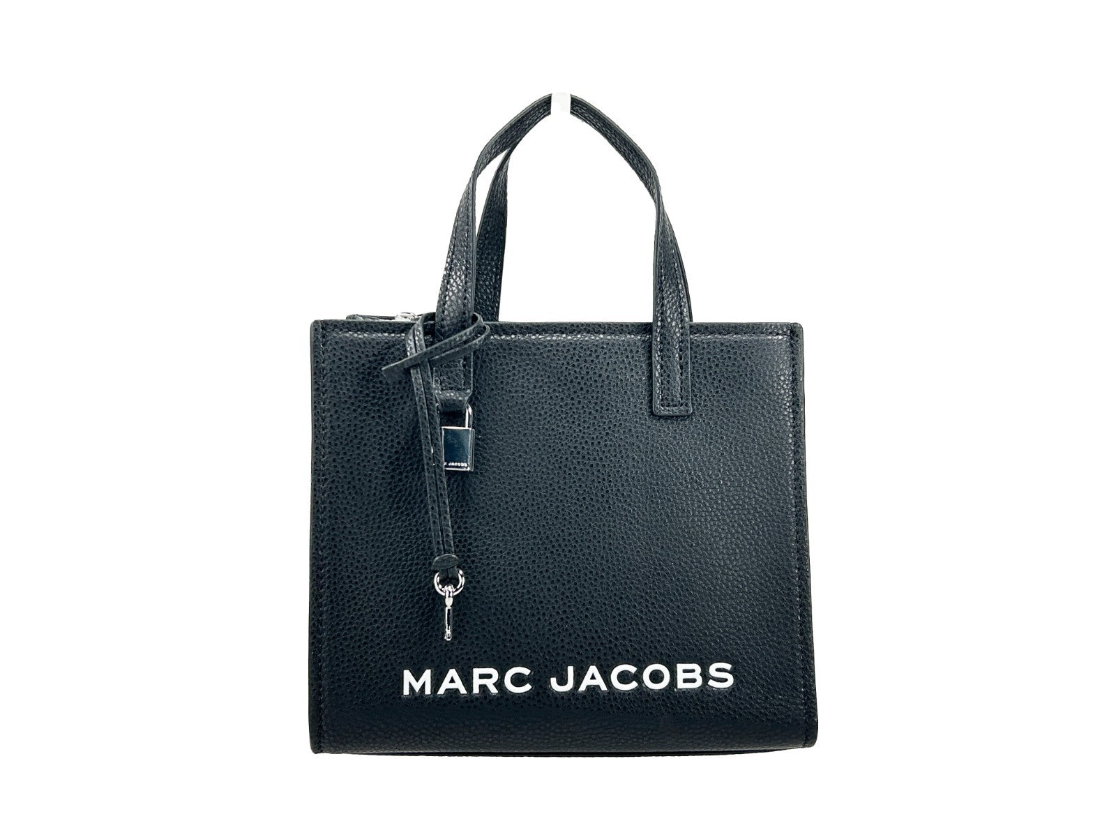 Mini Crossbody Tote Handbag by Marc Jacobs for women in faux patent leather black & silver features a versatile chic silhouette, meticulously detailed with a secure zipper, ample , and versatile crossbody-strap, adjustable-strap & detachable-strap.