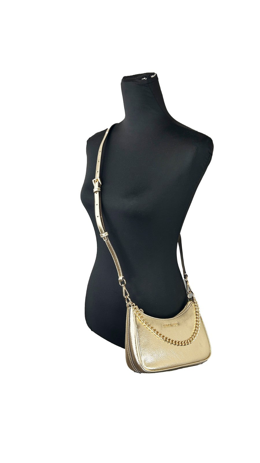 Small Crossbody Travel Handbag by Michael Kors for women in lurex & polyester gold features a transformative sophistication silhouette, showcasing a secure zipper, ample , and versatile crossbody-strap, adjustable-strap, detachable-strap & handle for a transformative sophistication look.